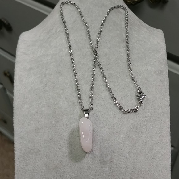 Rose Quartz Necklace Natural Gemstone Pink Crystal Pendant Stainless-Steel Chain - Picture 14 of 17